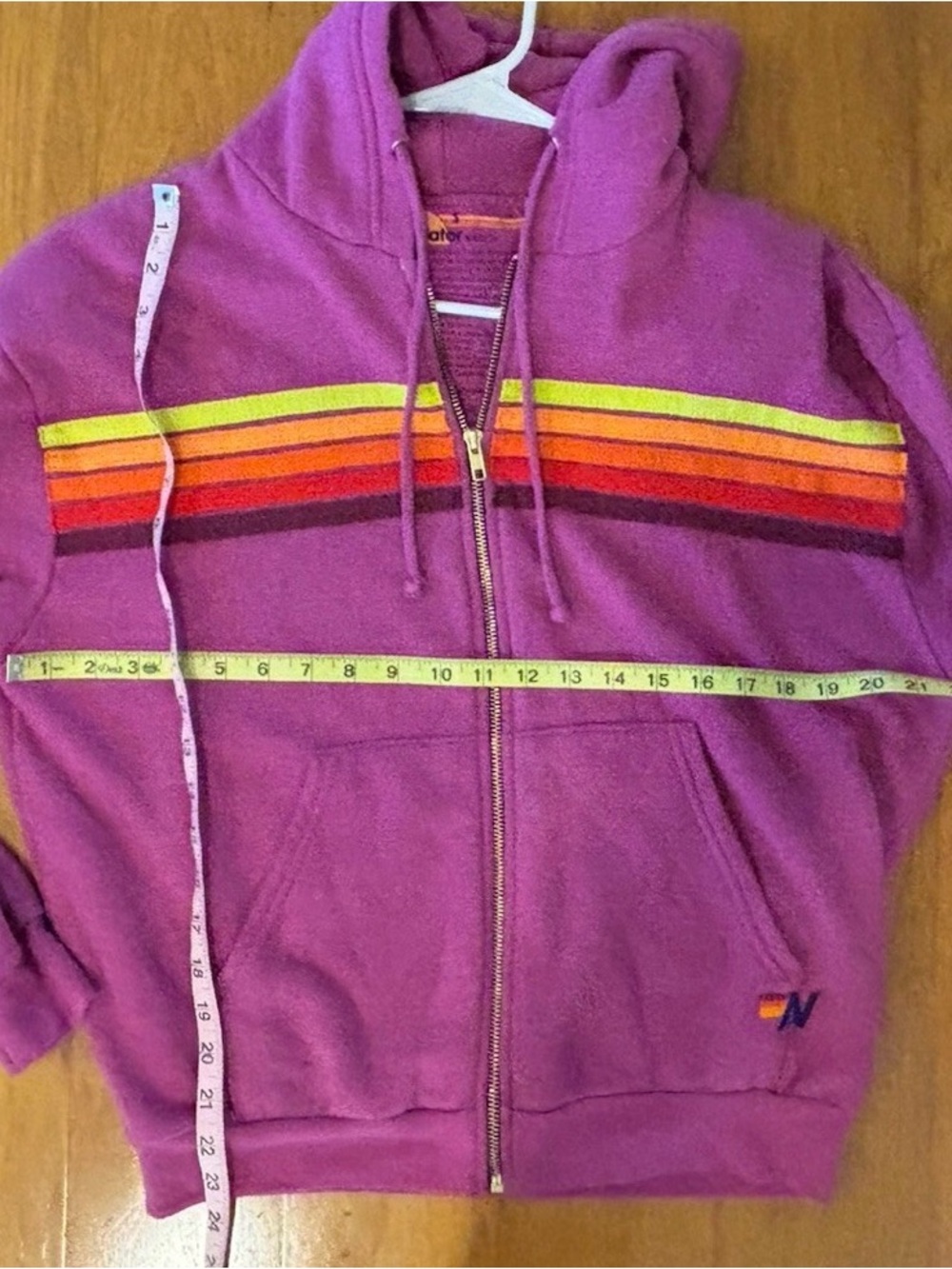 Aviator Nation Magenta Zip Hoodie with Rainbow Chest Stripes - Picture 4 of 6